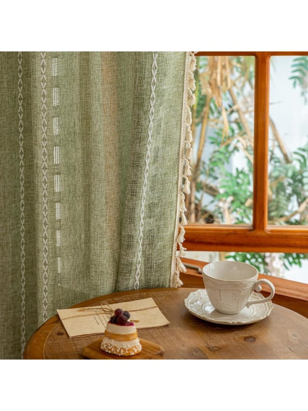 Sage Green Boho Semi Sheer Curtains, 63" Light Filtering Drapes, 2 Panel Set